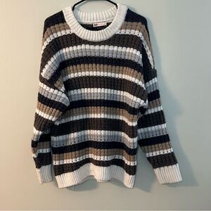 SO Striped Rib-Knit Crewneck Sweater in Black, White & Brown-Tan